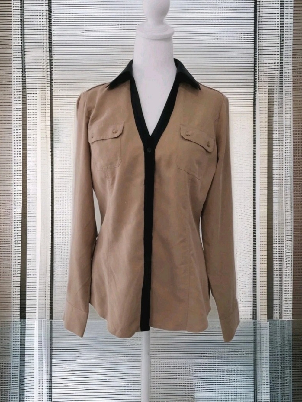 Express Tan Blouse with Black Trim